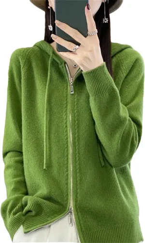100% Merino Wool Sweater Women Hoodie Cardigan Zipper Long Sleeve Casual Loose Cashmere Knitted Coat