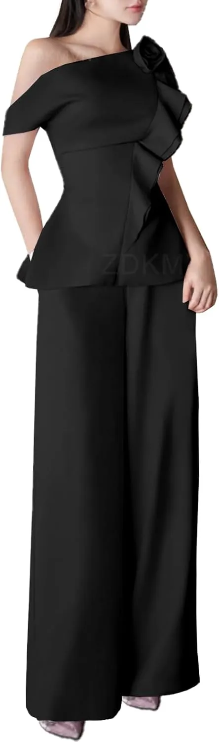 2 Pieces Mother of The Bride Pant Suits 2025 One Shoulder Satin Mother of The Groom Dresses LU132