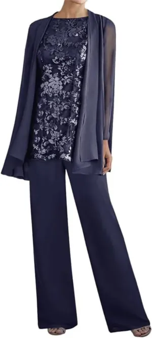 3 Pieces Mother of The Bride Pant Suits with Jacket Long Sleeves Lace Chiffon Outfit Formal Evening Gowns for Wedding