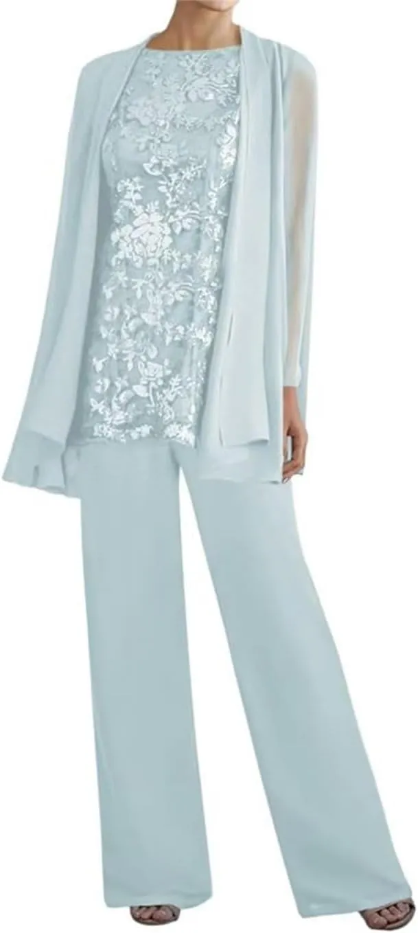 3 Pieces Mother of The Bride Pant Suits with Jacket Long Sleeves Lace Chiffon Outfit Formal Evening Gowns for Wedding
