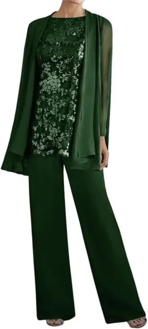 3 Pieces Mother of The Bride Pant Suits with Jacket Long Sleeves Lace Chiffon Outfit Formal Evening Gowns for Wedding