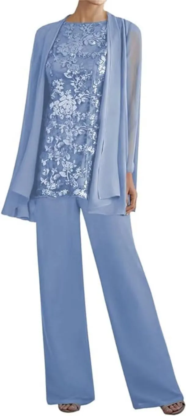 3 Pieces Mother of The Bride Pant Suits with Jacket Long Sleeves Lace Chiffon Outfit Formal Evening Gowns for Wedding