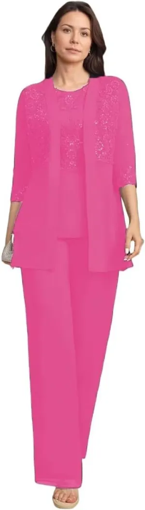3 Pieces Mother of The Bride Pant Suits with Sequins Dressy Formal Outfit Wedding Guest Dresses