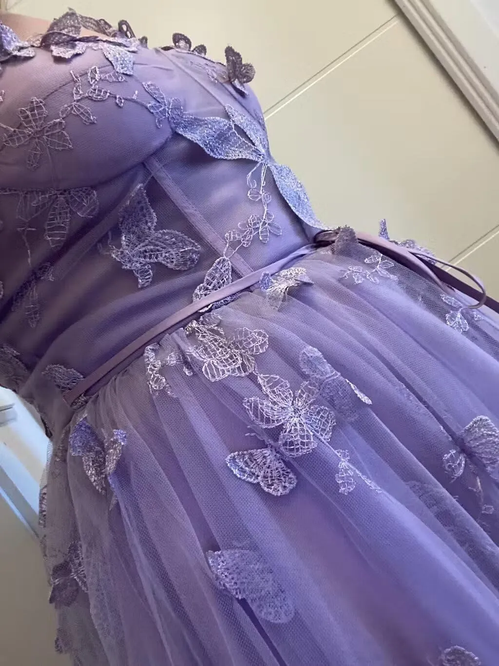 3D Butterfly Tulle Prom Dresses Tea Length Lace Appliques Embroidery A Line Formal Evening Party Gowns with Pockets