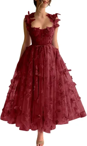 3D Butterfly Tulle Prom Dresses Tea Length Lace Appliques Embroidery A Line Formal Evening Party Gowns with Pockets
