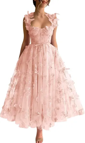 3D Butterfly Tulle Prom Dresses Tea Length Lace Appliques Embroidery A Line Formal Evening Party Gowns with Pockets