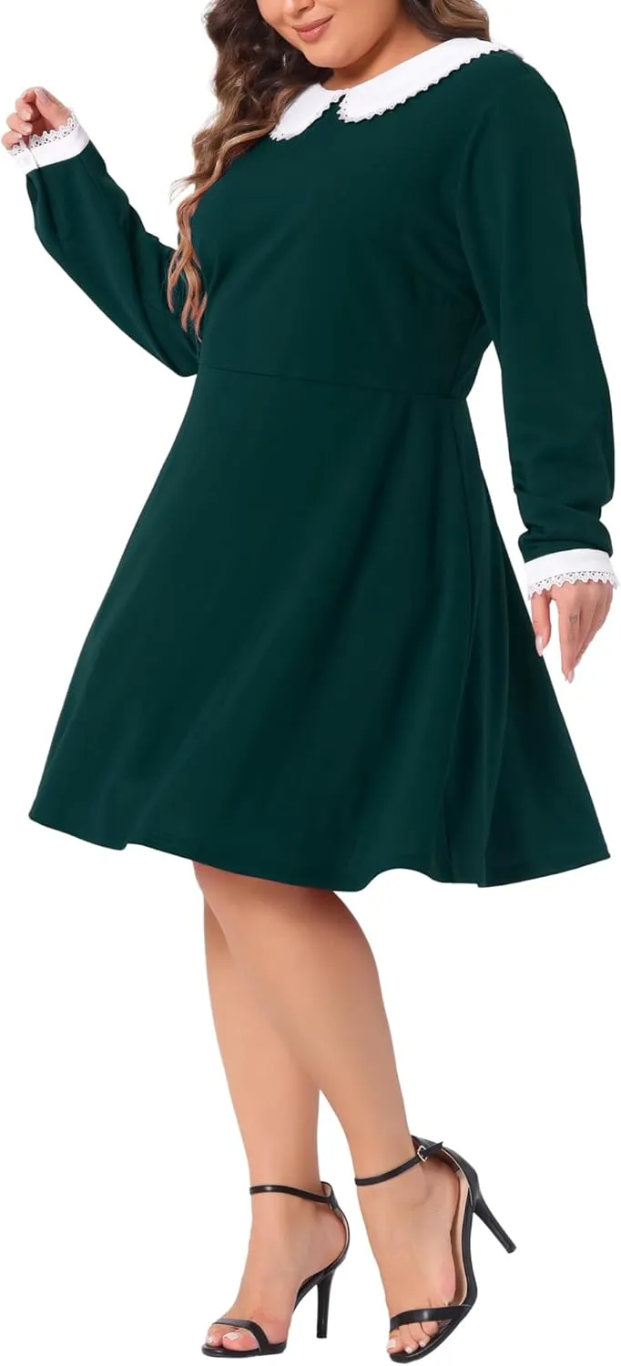 Agnes Orinda Plus Size Dresses for Women Long Sleeve Doll Collars Peter Pan Collar A-line Flare Midi Dress