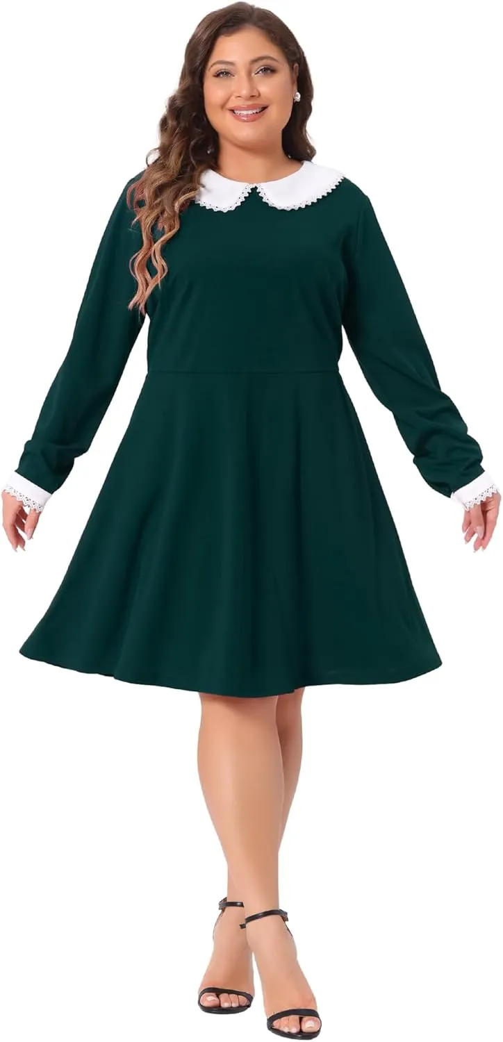 Agnes Orinda Plus Size Dresses for Women Long Sleeve Doll Collars Peter Pan Collar A-line Flare Midi Dress