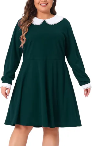 Agnes Orinda Plus Size Dresses for Women Long Sleeve Doll Collars Peter Pan Collar A-line Flare Midi Dress