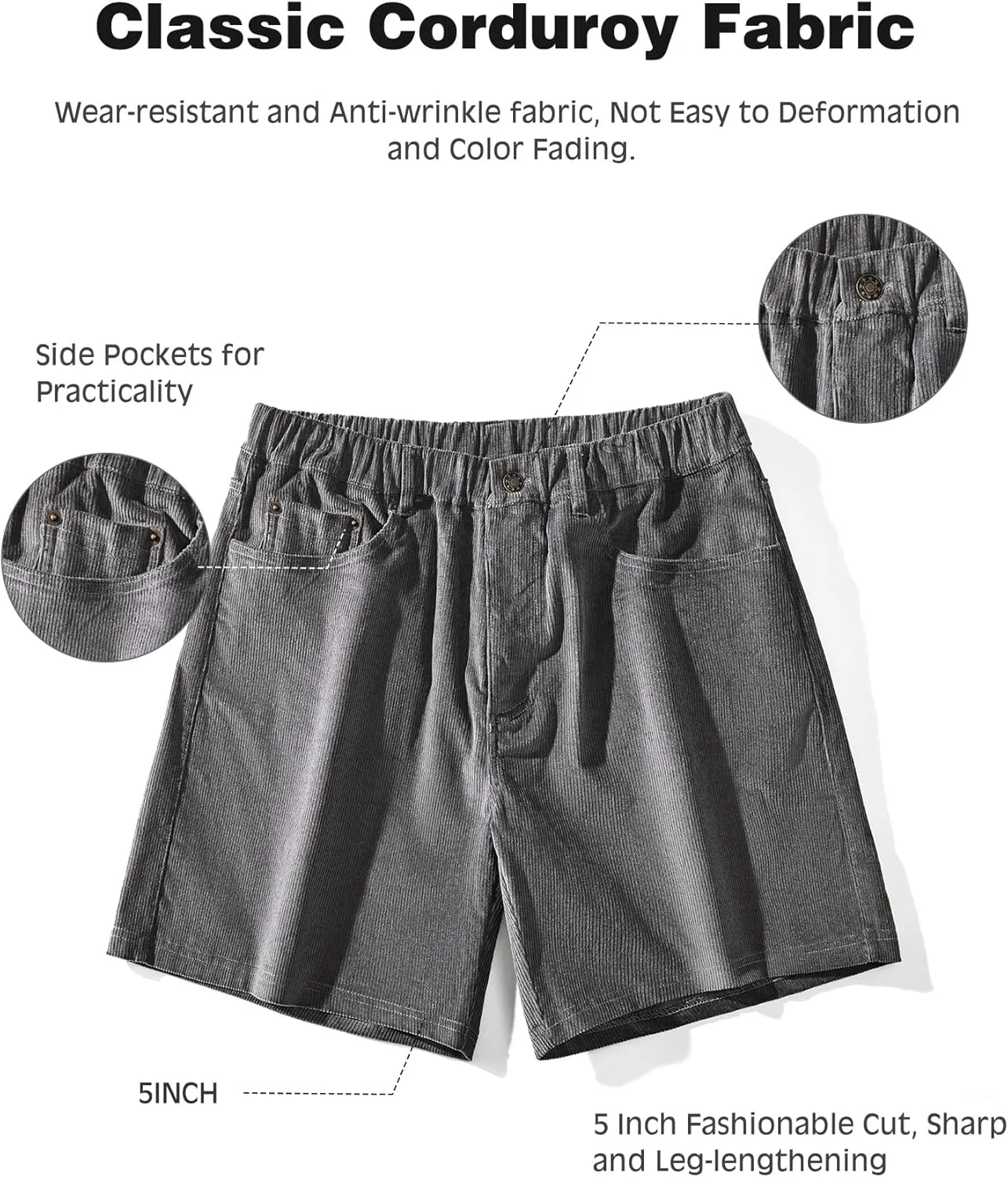 AIMPACT Mens Corduroy Shorts 5/6 Inseam Casual Elastic Waist Drawstring Summer Beach Shorts for Men with Pockets