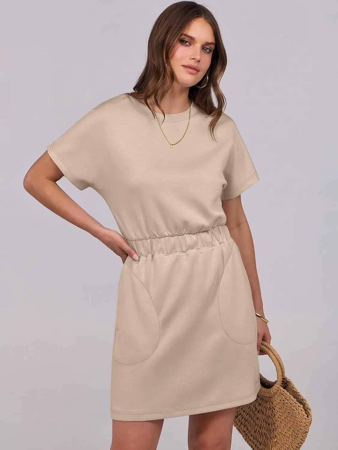 ANRABESS Womens Dresses 2025 Summer Casual Short Sleeve Crew Neck Elastic Waist Mini T Shirt Dress with Pockets