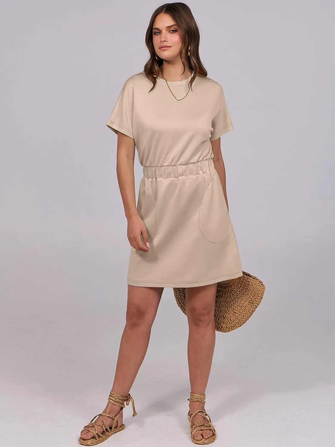 ANRABESS Womens Dresses 2025 Summer Casual Short Sleeve Crew Neck Elastic Waist Mini T Shirt Dress with Pockets