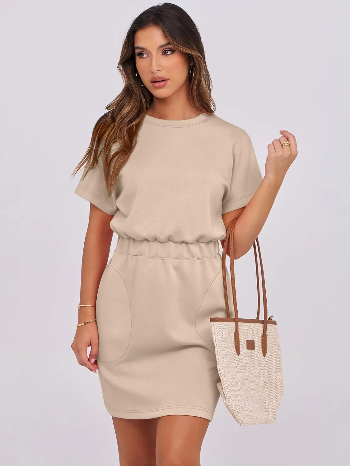ANRABESS Womens Dresses 2025 Summer Casual Short Sleeve Crew Neck Elastic Waist Mini T Shirt Dress with Pockets