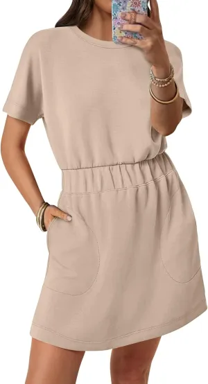 ANRABESS Womens Dresses 2025 Summer Casual Short Sleeve Crew Neck Elastic Waist Mini T Shirt Dress with Pockets