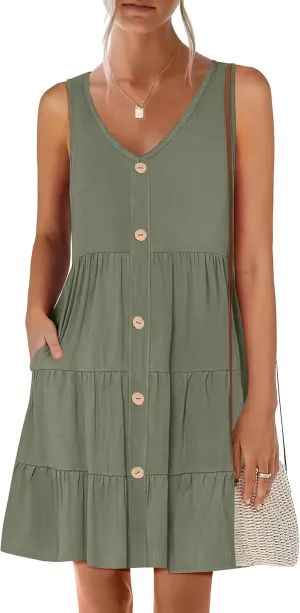 ANRABESS Womens Summer Beach Vacation Dresses V Neck Sleeveless Casual Button Down A Line Swing Mini Sundresses with Pockets