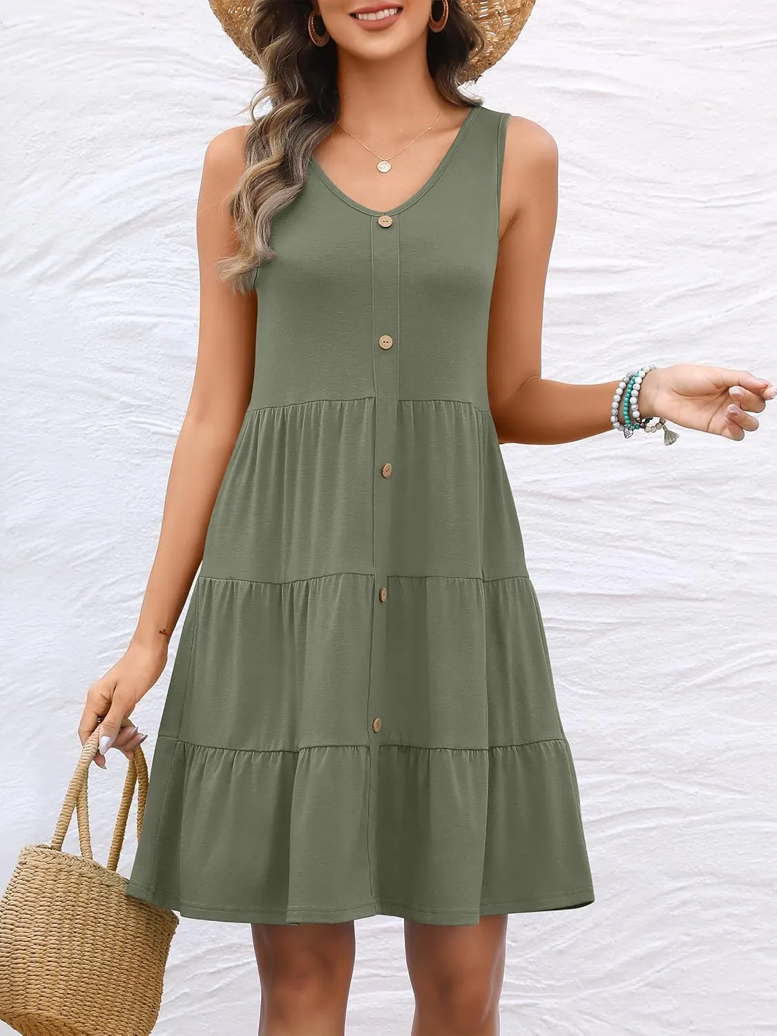 ANRABESS Womens Summer Beach Vacation Dresses V Neck Sleeveless Casual Button Down A Line Swing Mini Sundresses with Pockets