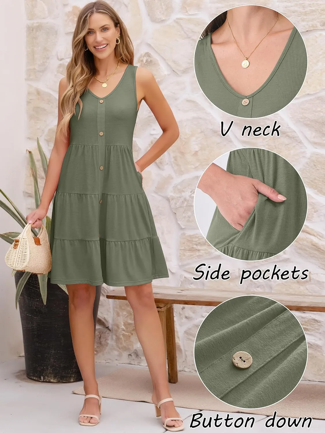 ANRABESS Womens Summer Beach Vacation Dresses V Neck Sleeveless Casual Button Down A Line Swing Mini Sundresses with Pockets