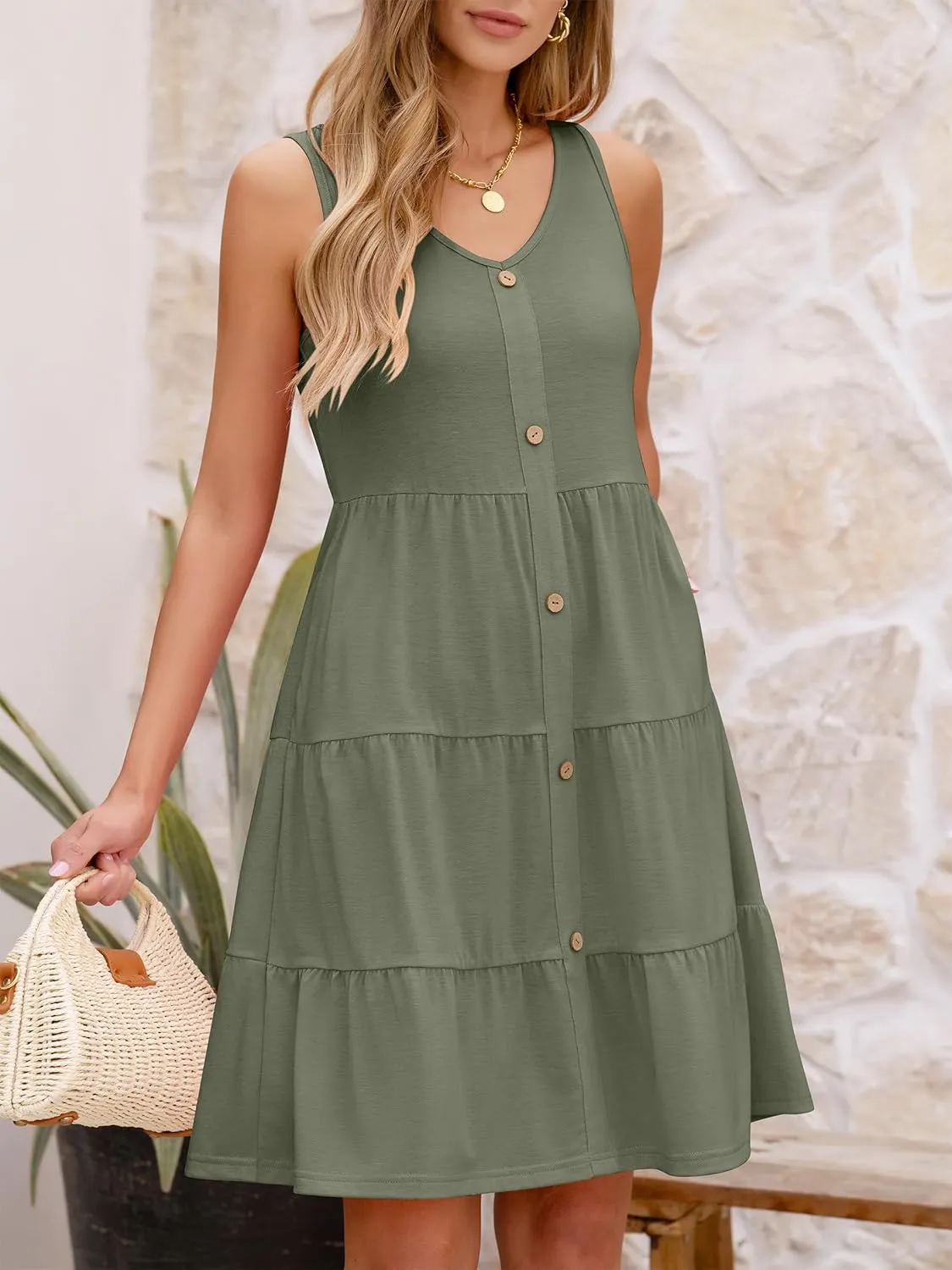 ANRABESS Womens Summer Beach Vacation Dresses V Neck Sleeveless Casual Button Down A Line Swing Mini Sundresses with Pockets
