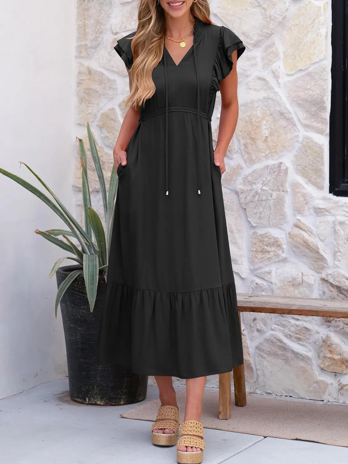 ANRABESS Womens Summer Casual Dresses Cap Sleeve V Neck Maxi Dress Flowy A Line Tiered Boho Beach Vacation Sundress
