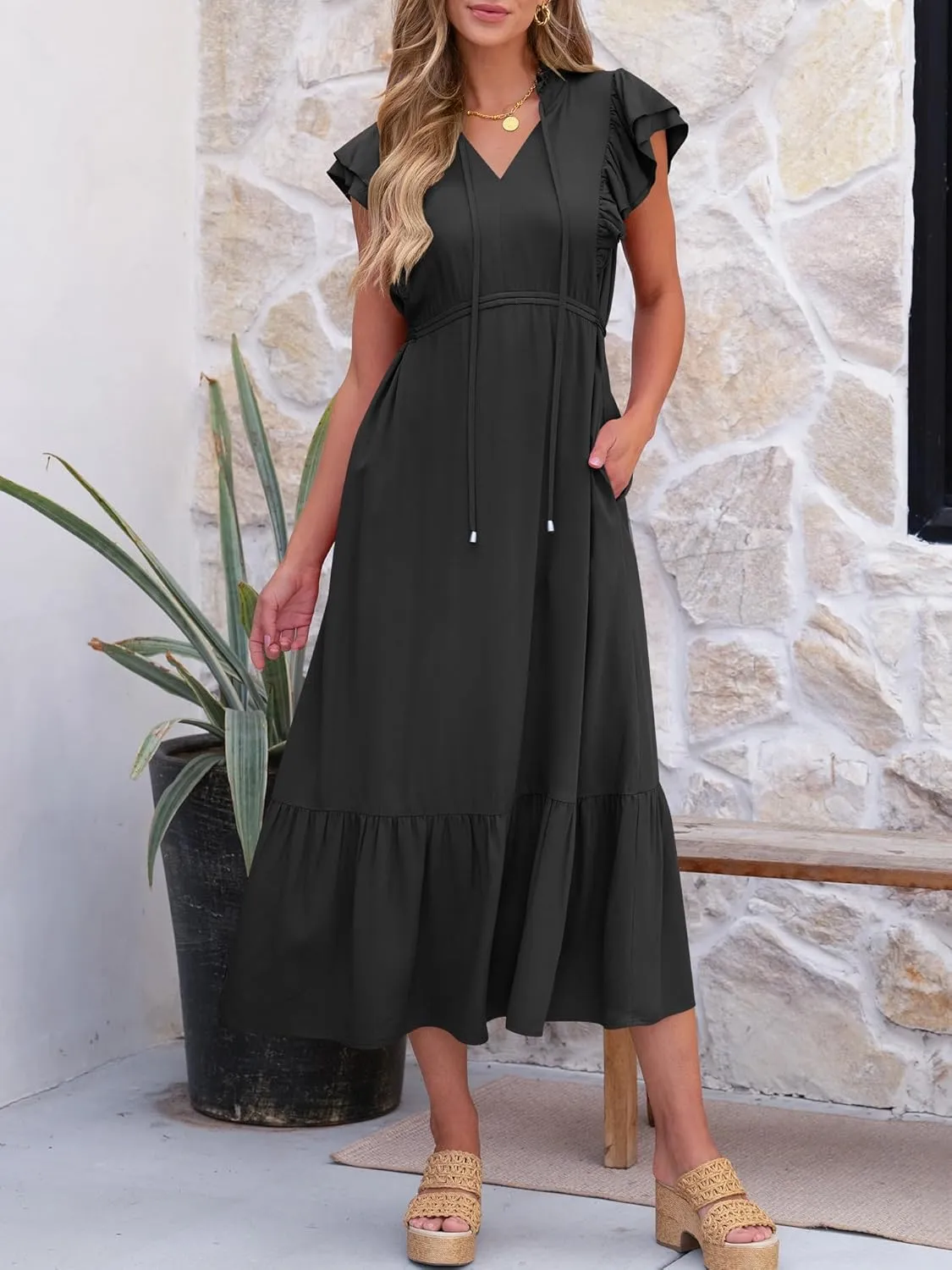 ANRABESS Womens Summer Casual Dresses Cap Sleeve V Neck Maxi Dress Flowy A Line Tiered Boho Beach Vacation Sundress