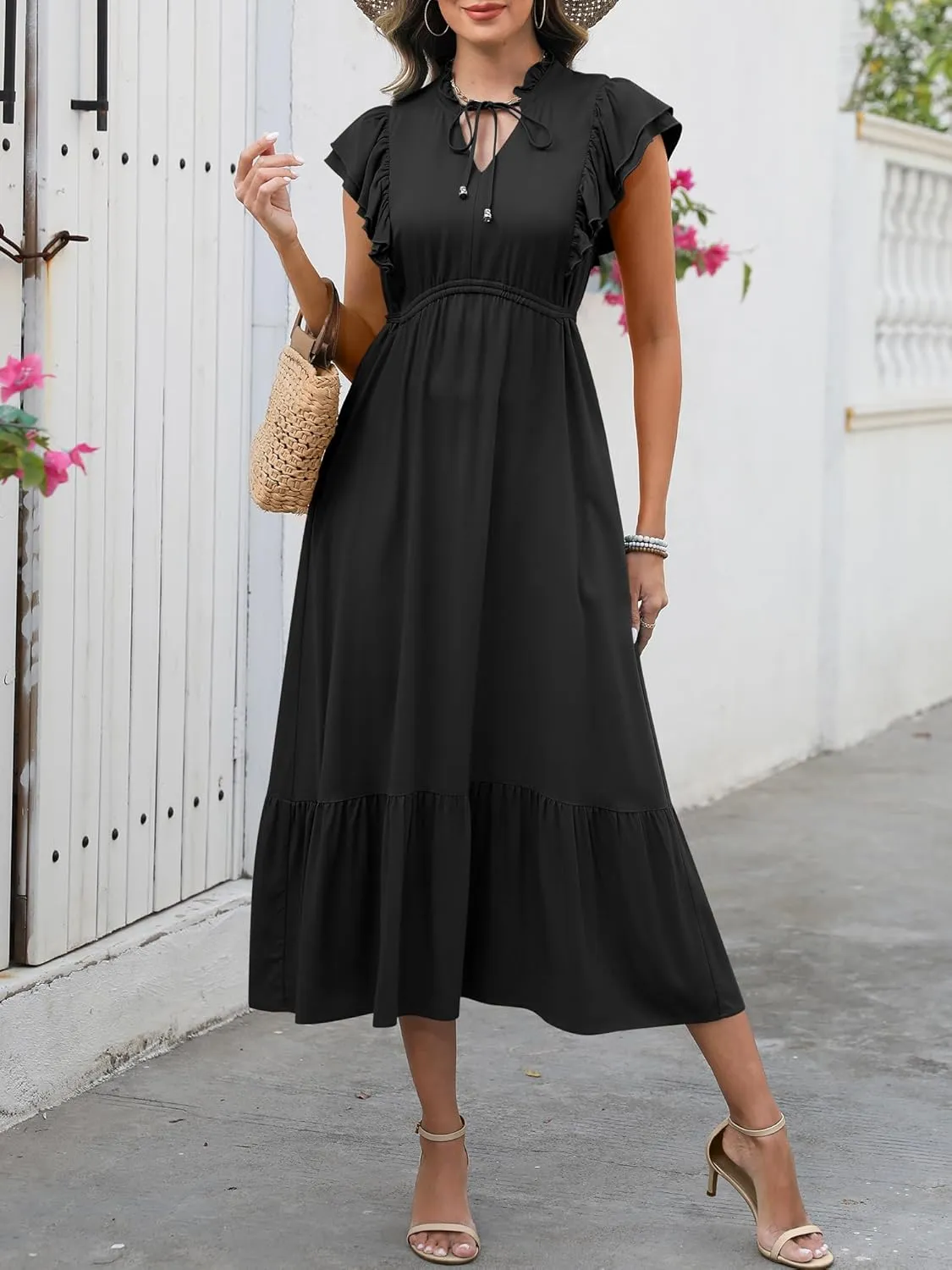 ANRABESS Womens Summer Casual Dresses Cap Sleeve V Neck Maxi Dress Flowy A Line Tiered Boho Beach Vacation Sundress