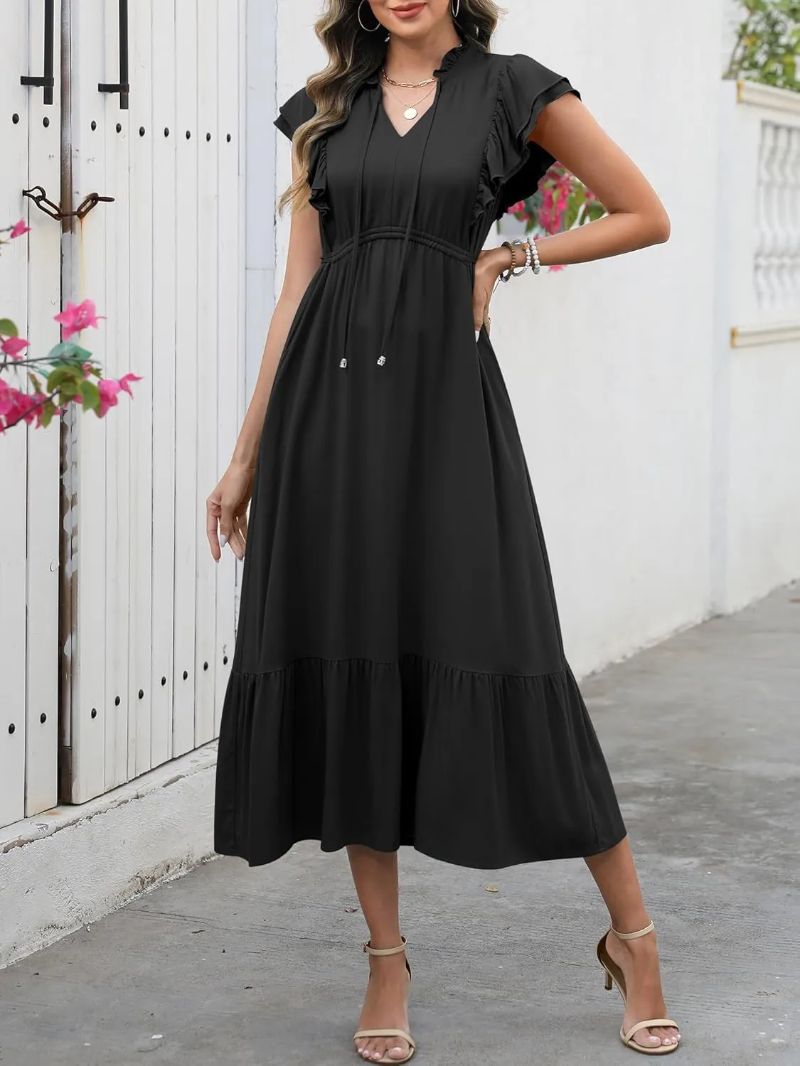 ANRABESS Womens Summer Casual Dresses Cap Sleeve V Neck Maxi Dress Flowy A Line Tiered Boho Beach Vacation Sundress