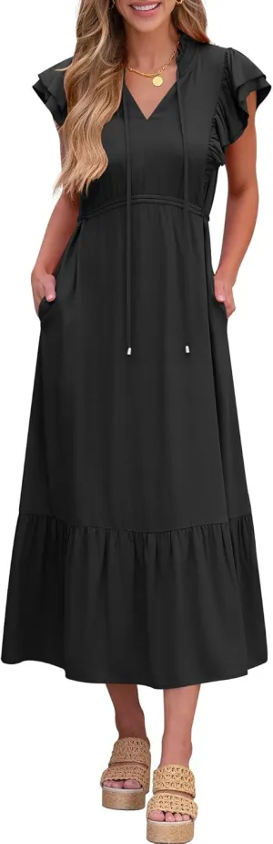 ANRABESS Womens Summer Casual Dresses Cap Sleeve V Neck Maxi Dress Flowy A Line Tiered Boho Beach Vacation Sundress