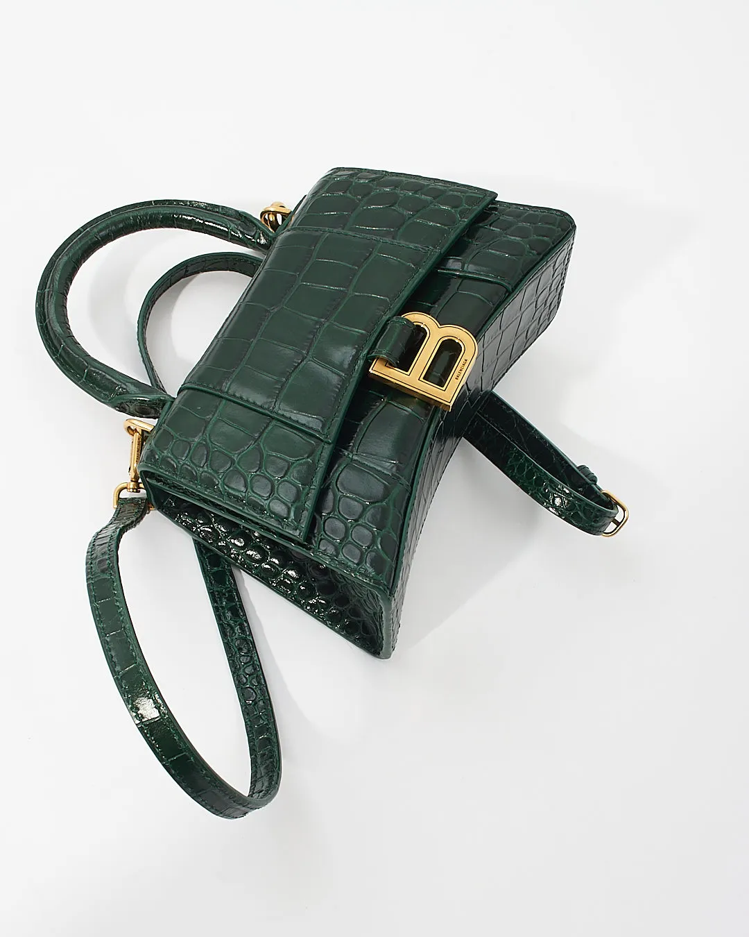 Balenciaga Forest Green Crocodile Embossed Hourglass XS Bag