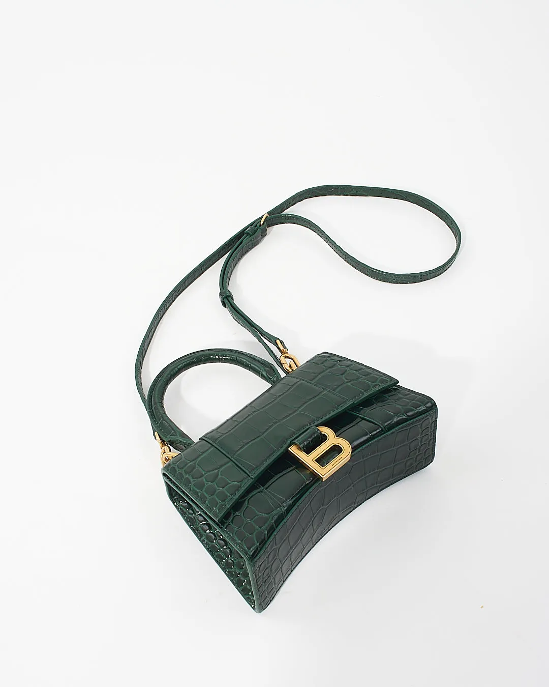 Balenciaga Forest Green Crocodile Embossed Hourglass XS Bag