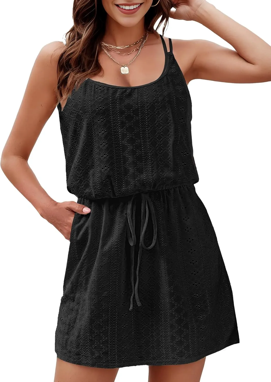 Buauty Beach Swimsuit Cover Up For Women Scoop Neck Spaghetti Strap Hollow Out Bathing Suit Casual Summer Dresses 2024