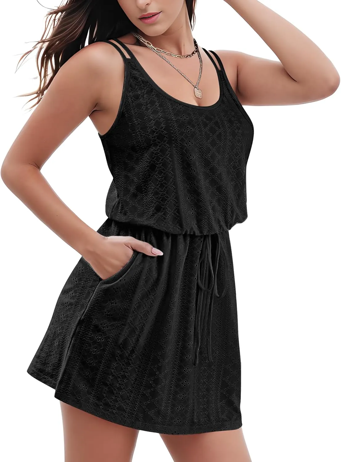Buauty Beach Swimsuit Cover Up For Women Scoop Neck Spaghetti Strap Hollow Out Bathing Suit Casual Summer Dresses 2024