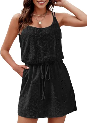 Buauty Beach Swimsuit Cover Up For Women Scoop Neck Spaghetti Strap Hollow Out Bathing Suit Casual Summer Dresses 2024