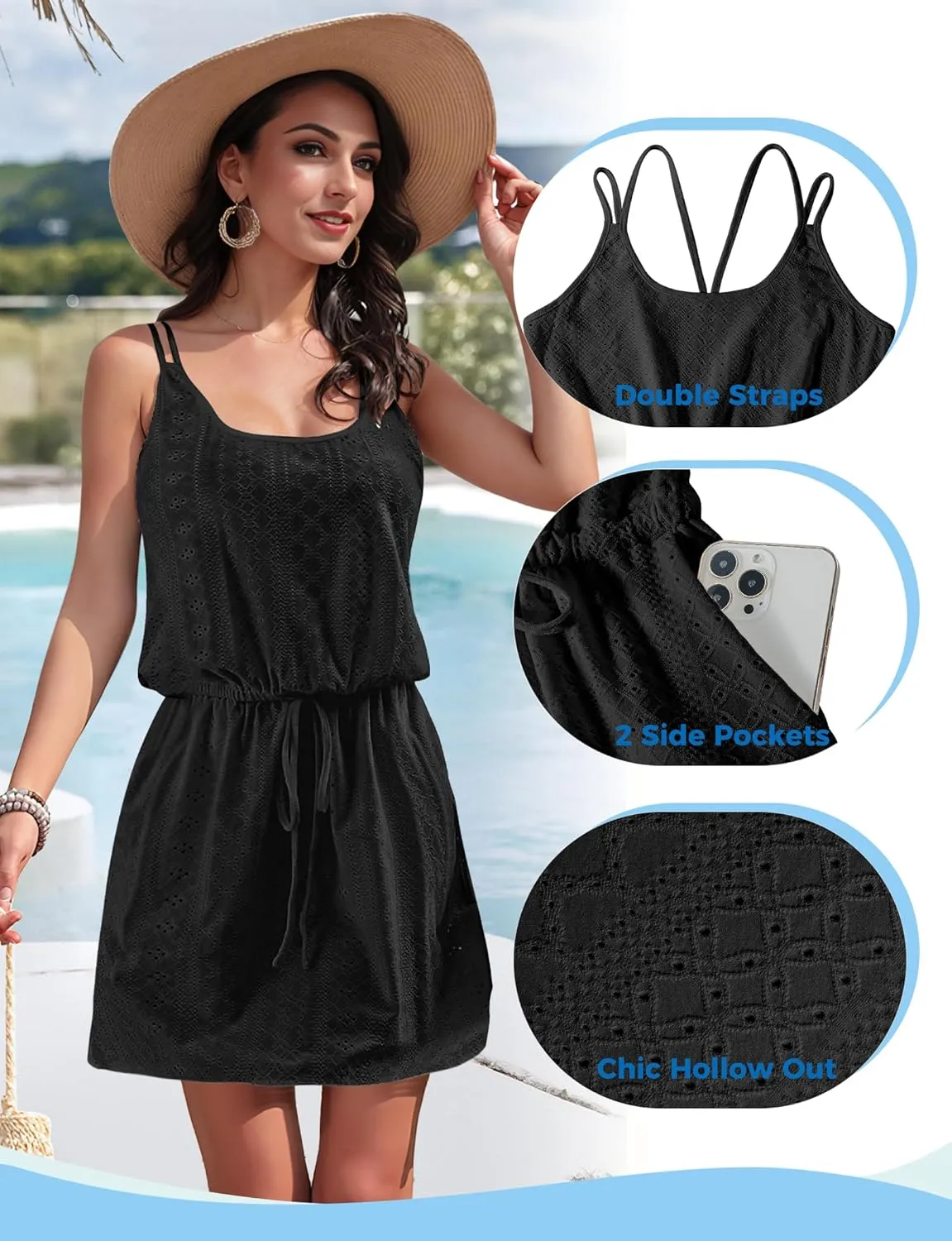 Buauty Beach Swimsuit Cover Up For Women Scoop Neck Spaghetti Strap Hollow Out Bathing Suit Casual Summer Dresses 2024