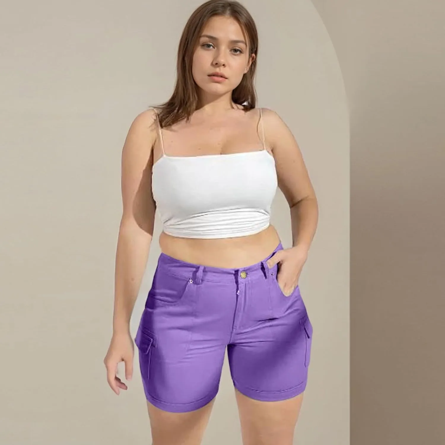 Cargo Shorts for Women Casual Summer High Waisted Jean Shorts with Pockets Knee Length Pull On Hiking Outfits