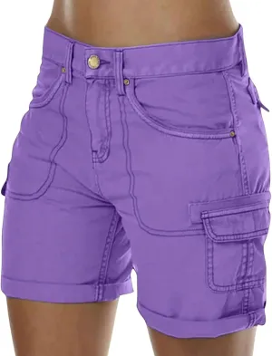 Cargo Shorts for Women Casual Summer High Waisted Jean Shorts with Pockets Knee Length Pull On Hiking Outfits