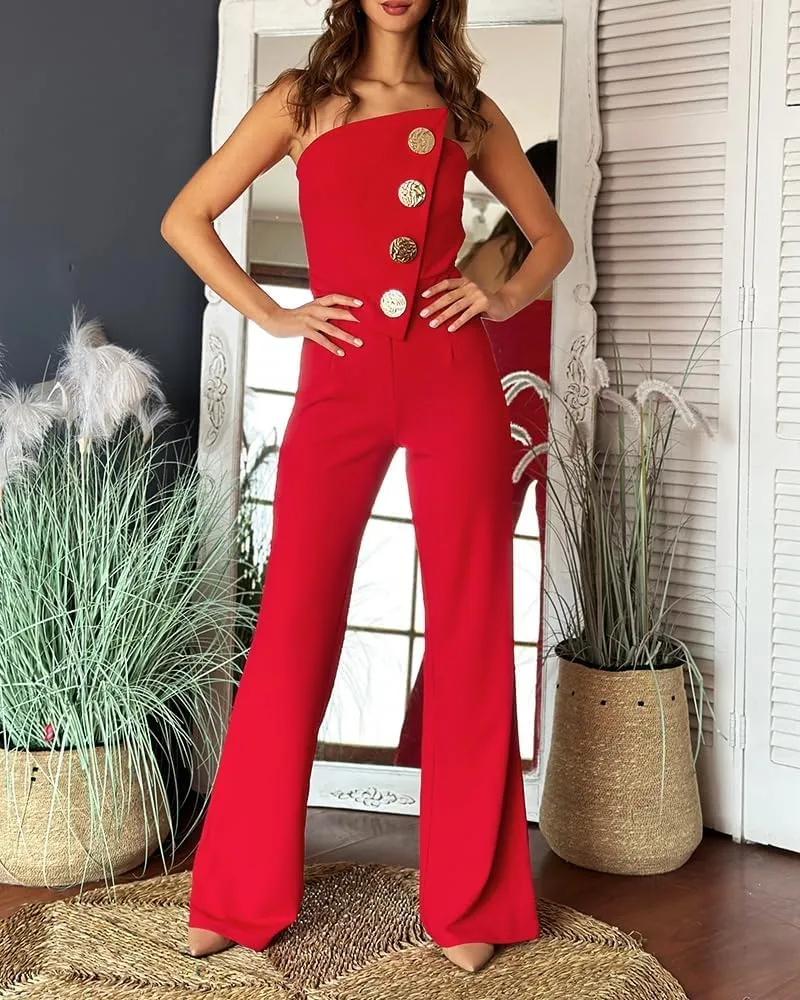 CHICME CHICME Women's Strapless Tube Top Jumpsuit Metal Button Decor Loose Wide Leg Pants