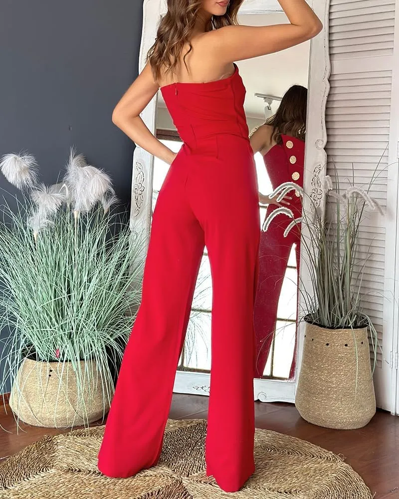 CHICME CHICME Women's Strapless Tube Top Jumpsuit Metal Button Decor Loose Wide Leg Pants