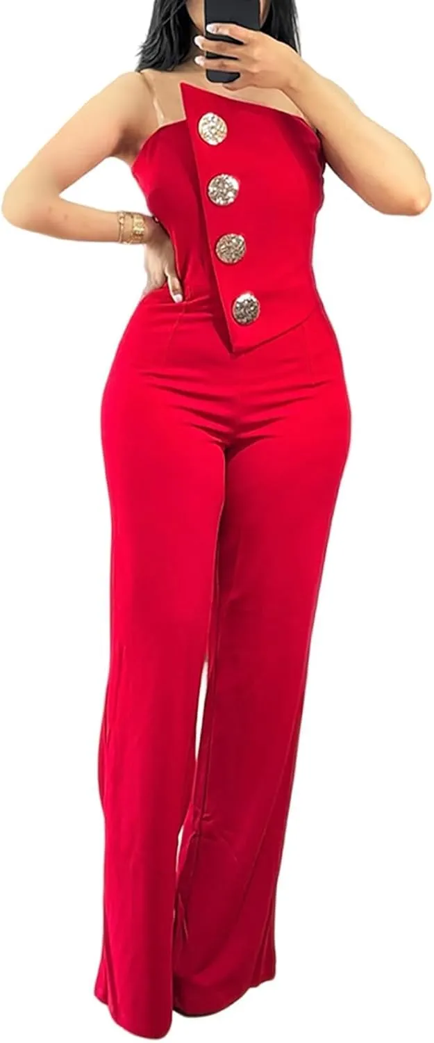 CHICME CHICME Women's Strapless Tube Top Jumpsuit Metal Button Decor Loose Wide Leg Pants