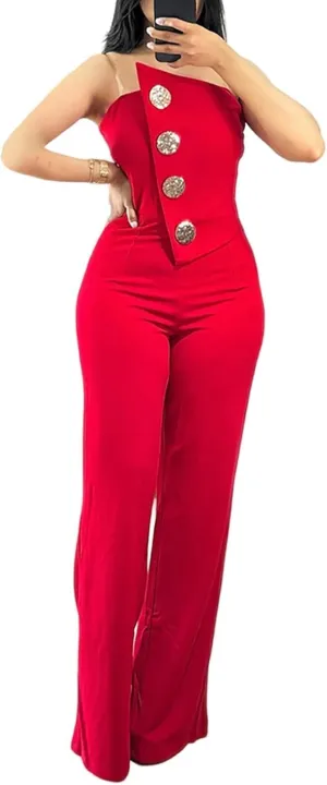 CHICME CHICME Women's Strapless Tube Top Jumpsuit Metal Button Decor Loose Wide Leg Pants