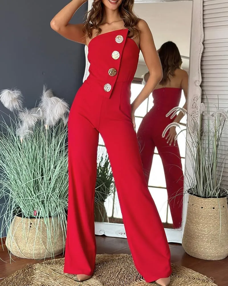 CHICME CHICME Women's Strapless Tube Top Jumpsuit Metal Button Decor Loose Wide Leg Pants