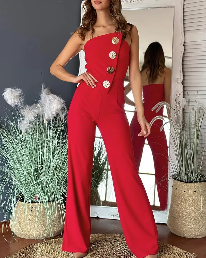 CHICME CHICME Women's Strapless Tube Top Jumpsuit Metal Button Decor Loose Wide Leg Pants