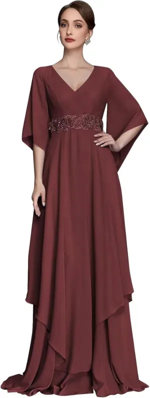 Chiffon Mother of The Bride Dresses for Wedding V Neck Half Sleeve Lace Applique Formal Prom Dress