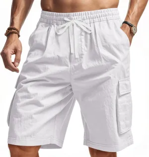 Chino Cargo Shorts for Men Elastic Waist Drawstring Loose Fishing Hiking Long Shorts Work Lounge Pants with Pockets