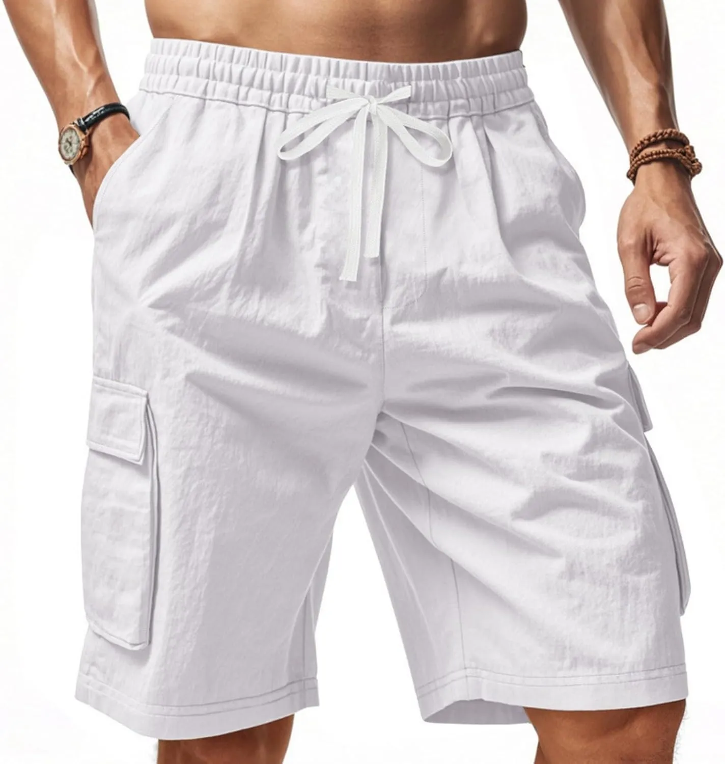 Chino Cargo Shorts for Men Elastic Waist Drawstring Loose Fishing Hiking Long Shorts Work Lounge Pants with Pockets