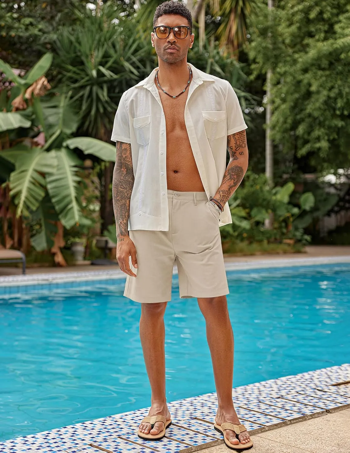 COOFANDY Men's Casual Shorts Linen Flat Front Shorts Elastic Waist Summer Beach Shorts