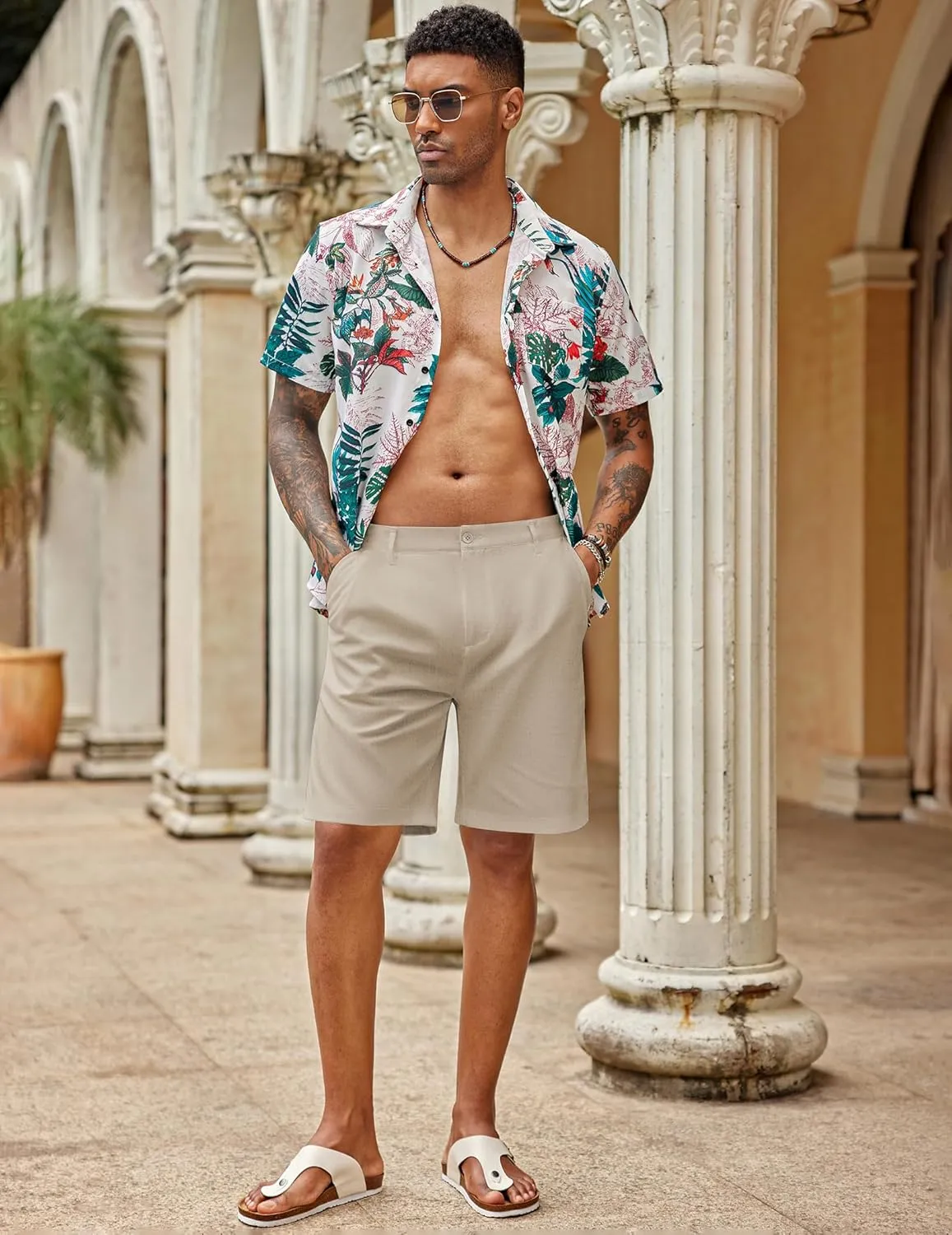 COOFANDY Men's Casual Shorts Linen Flat Front Shorts Elastic Waist Summer Beach Shorts