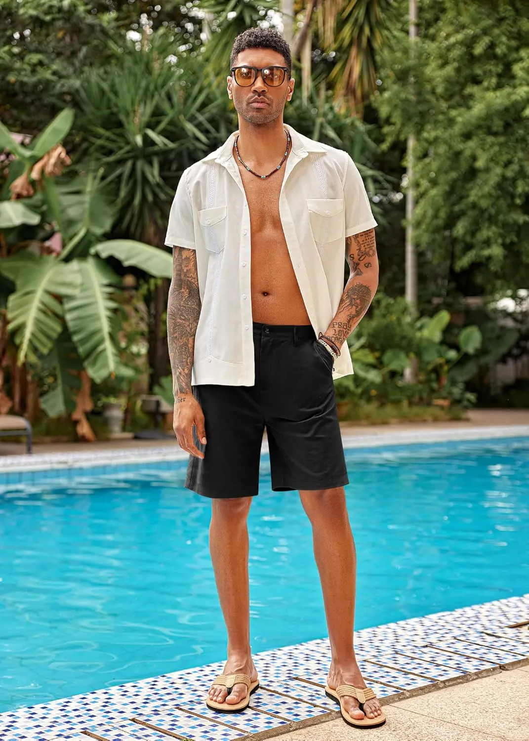 COOFANDY Men's Casual Shorts Linen Flat Front Shorts Elastic Waist Summer Beach Shorts