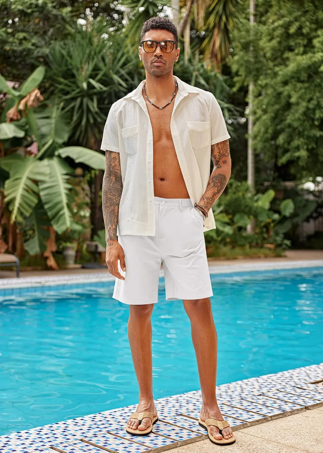 COOFANDY Men's Casual Shorts Linen Flat Front Shorts Elastic Waist Summer Beach Shorts