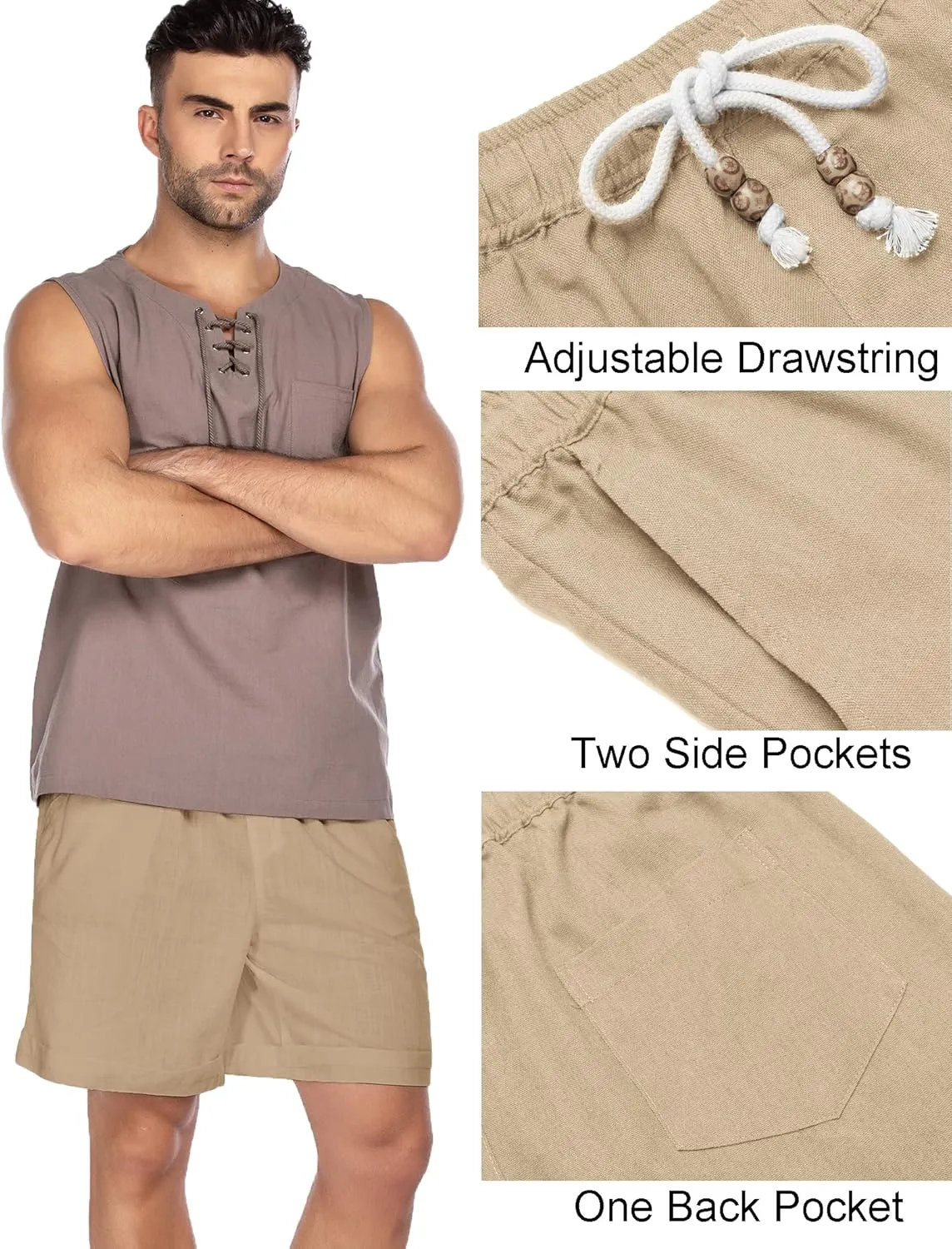 COOFANDY Men's Linen Shorts Casual Elastic Waist Drawstring Summer Beach Shorts