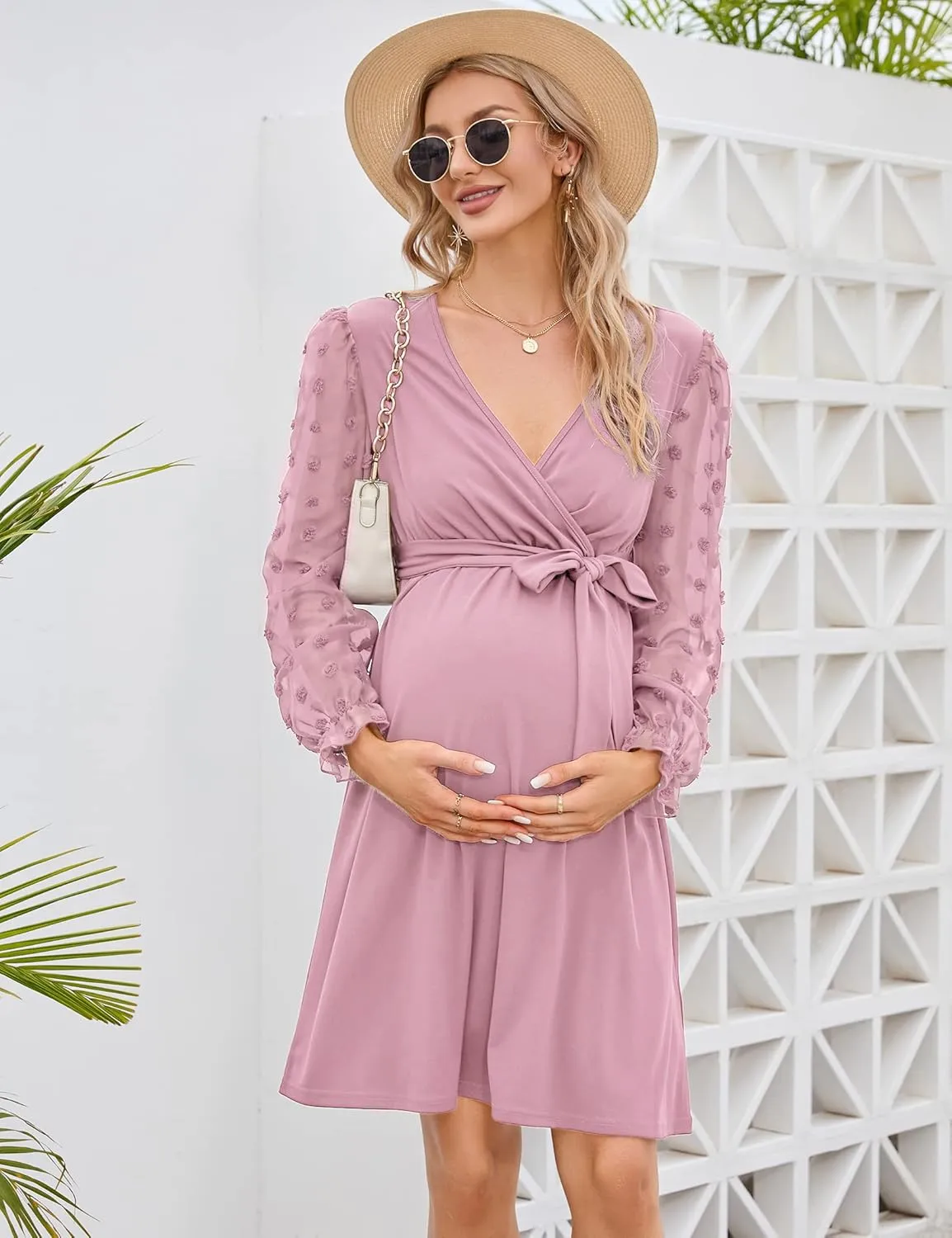 Coolmee Womens Maternity Swiss Dot Long Sleeve Wrap Dress V Neck Fall Casual Boho Midi Dress Baby Shower Photoshoot with Belt